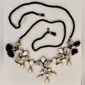 J Crew Elegant Black Cord and Gold Necklace with Clear Crystal and Cream Stones.